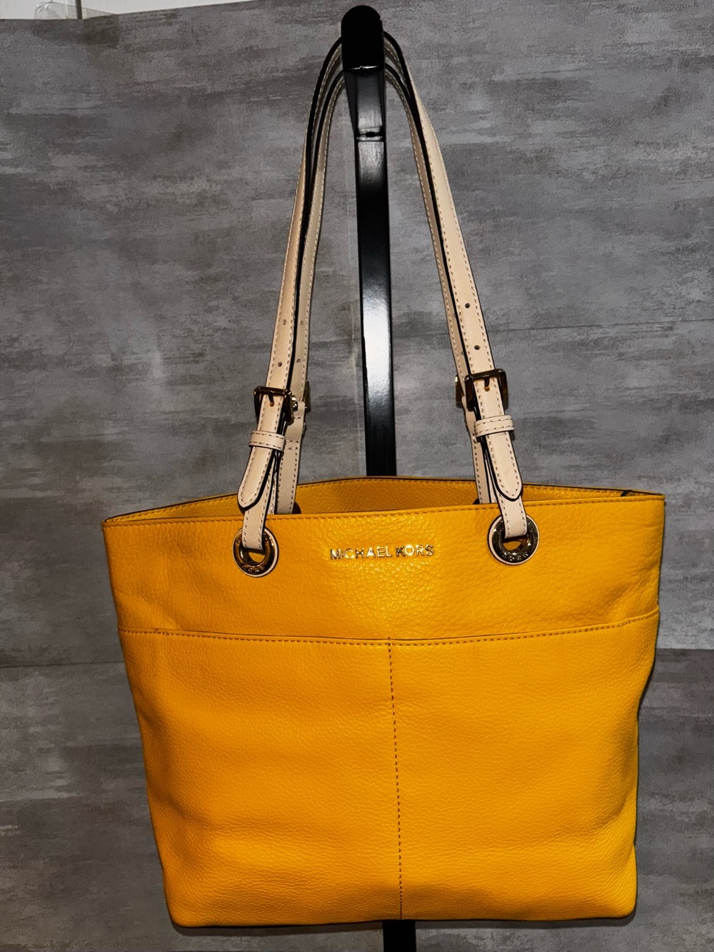 Michael Kors Mustard Yellow Leather Tote with Cream Straps